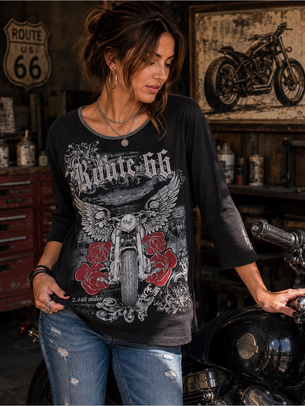 Big Bang Route 66 Biker Tribute 3/4 sleeve graphic t-shirt womens size Large